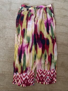 CAbi Multicolor Watercolor-Stripe Blouse in Green, Pink & Red 100% Silk